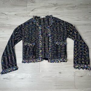 Tweed Blazer Cardigan Boucle M Fringe Colorful Business Casual Preppy Retro Chic